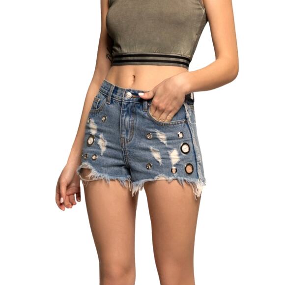 NWT POL Women's High Rise Destructed Frayed Hem Denim Shorts - Picture 1 of 9